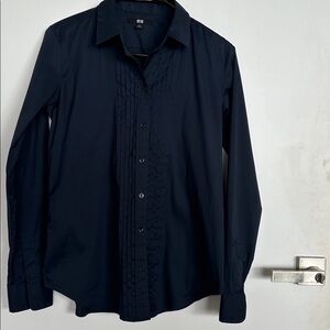 UNIQLO WOMEN'S TUXEDO SHIRT DARK NAVY FITTED STRETCH SML